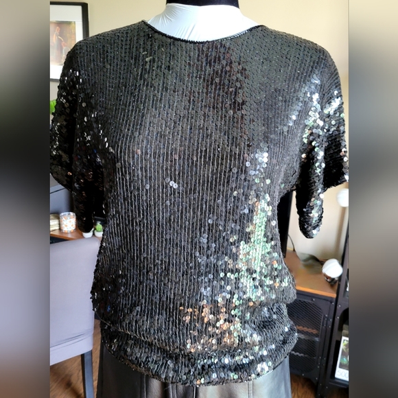 ✨️100% Silk Vintage Lipton's Black Squined Top Blouse - Picture 6 of 12